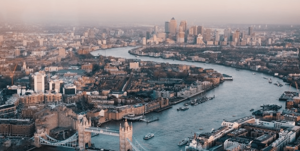 An aerial view of London showcases the iconic city landscape. A key market for Delta-v's outsourced sales solution.